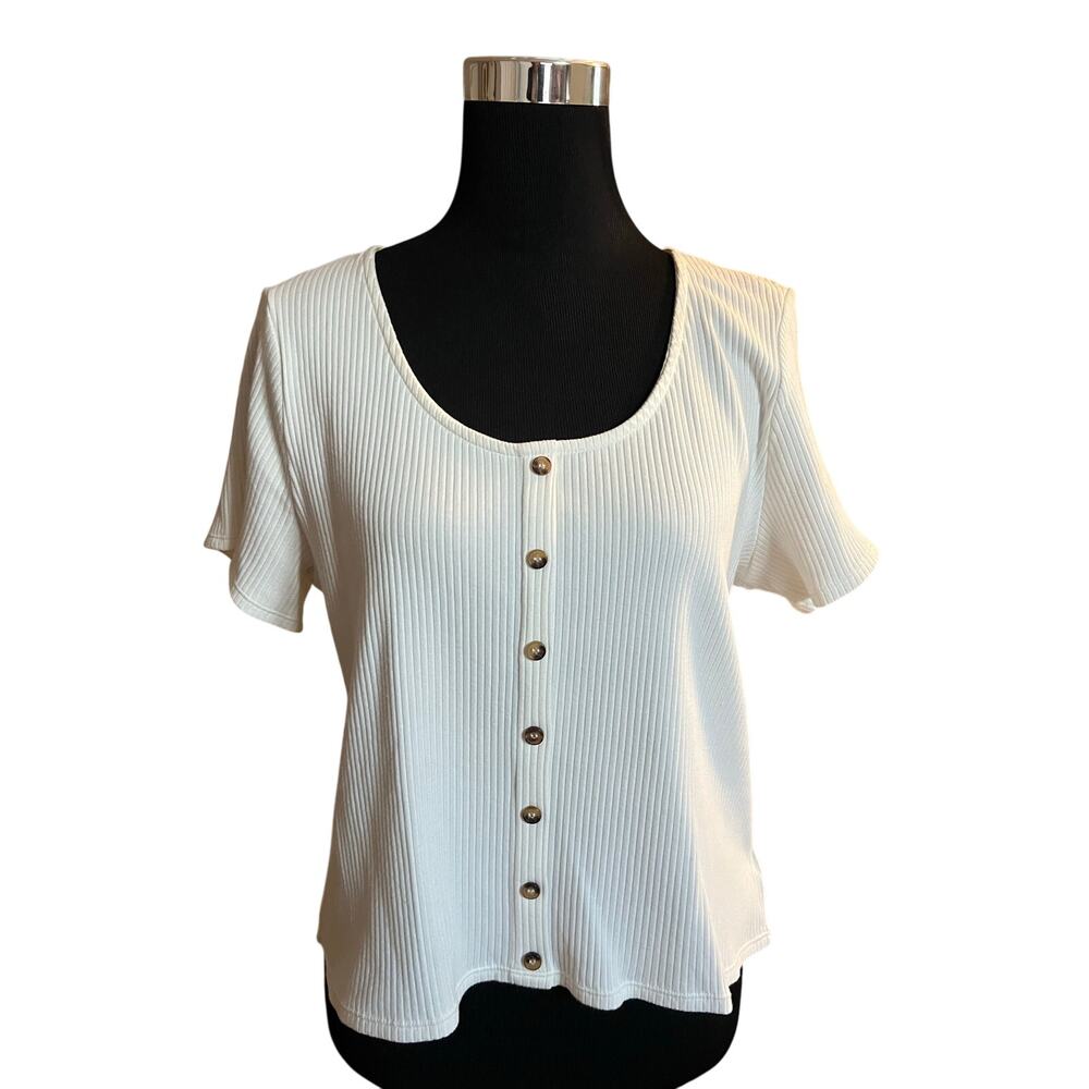 H&M Women's White Cropped Button-Up Short Sleeve Top Size XL